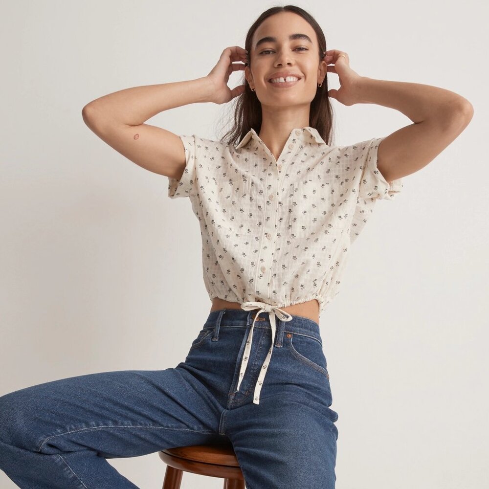 Madewell Cream Floral Tie-Front Top